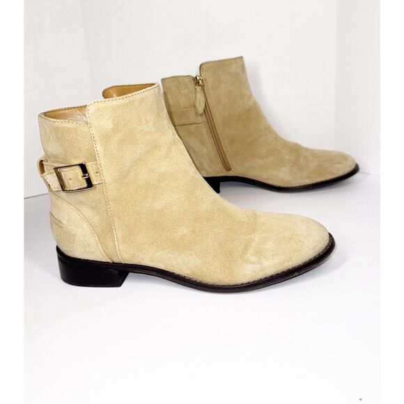 Talbots Tish  Ankle Boots Buckle Bootie Beige Suede Leather Zip Low Block Heel 8 - Picture 10 of 16
